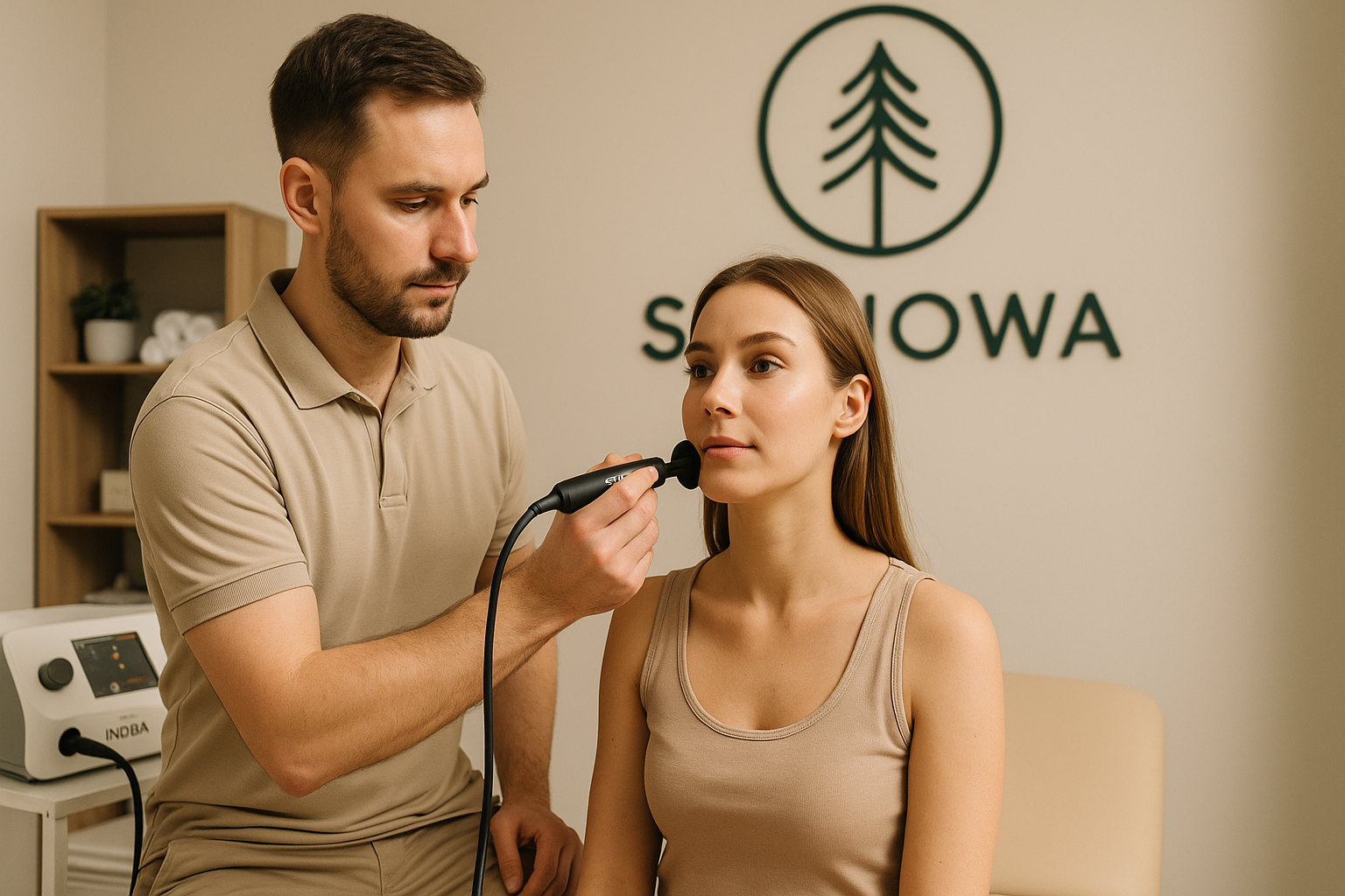 Terapeuta wykonuje zabieg INDIBA na twarz pacjentki w Klinice Sosnowa Warszawa Wesoła