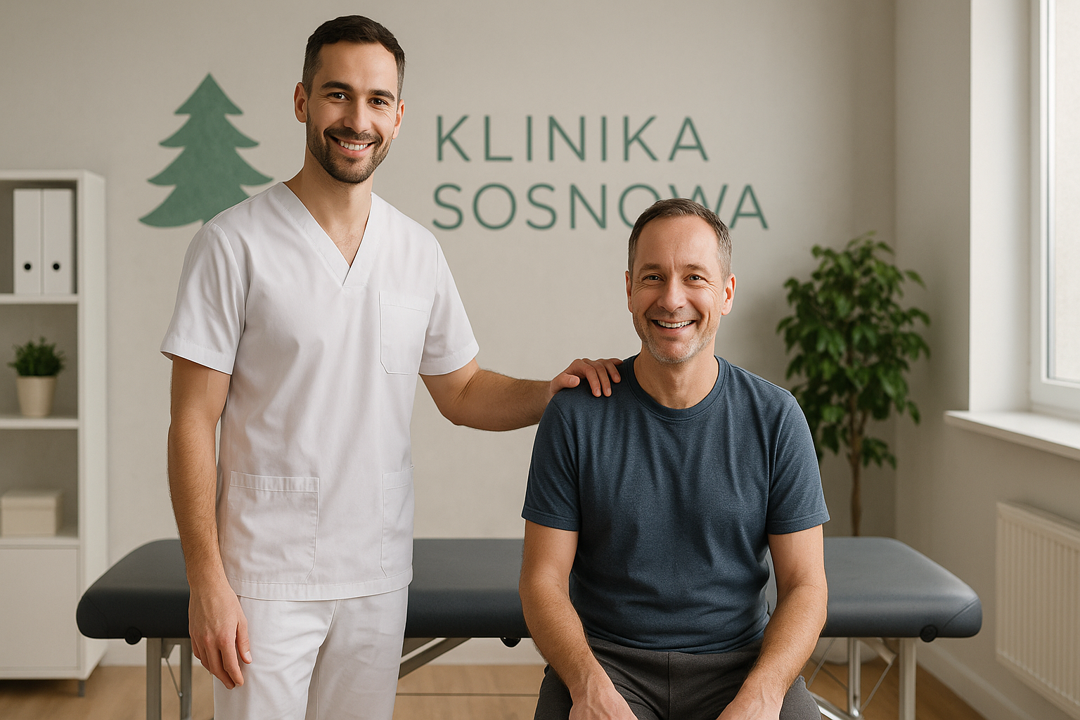 Osteopata z pacjentem w nowoczesnym gabinecie Kliniki Sosnowa w Warszawie