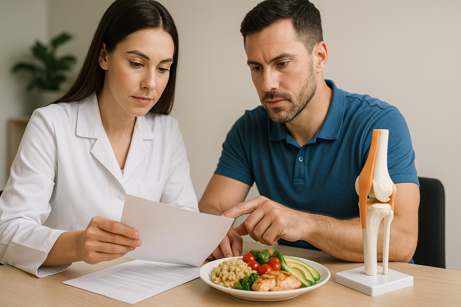 Dietetyk i fizjoterapeuta omawiają dietę wspierającą rehabilitację pacjenta