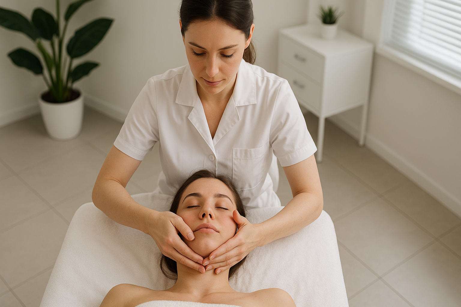 Masażystka wykonująca masaż KOBIDO na twarzy klientki w gabinecie