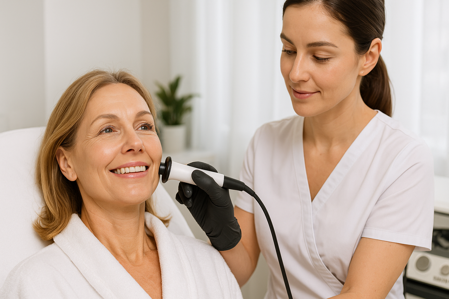 Zabieg INDIBA wykonywany na twarzy pacjentki w gabinecie medycyny estetycznej w Warszawie