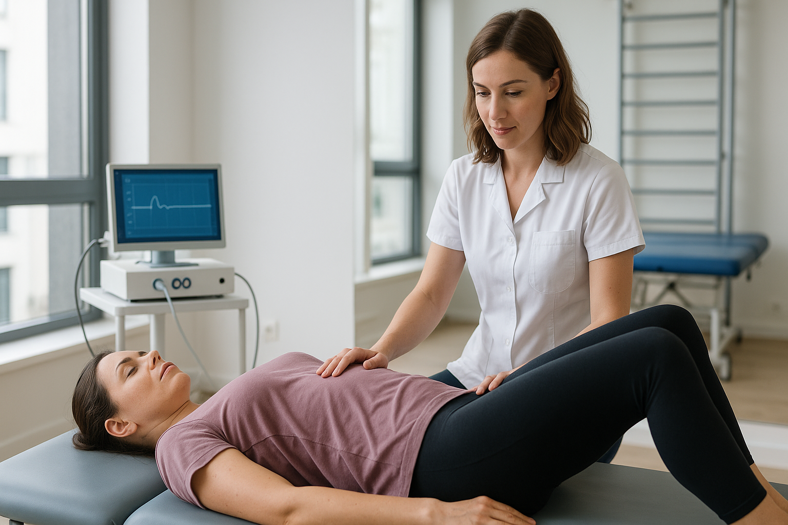 Kobieta ćwiczy mięśnie dna miednicy z fizjoterapeutką w gabinecie w Warszawie